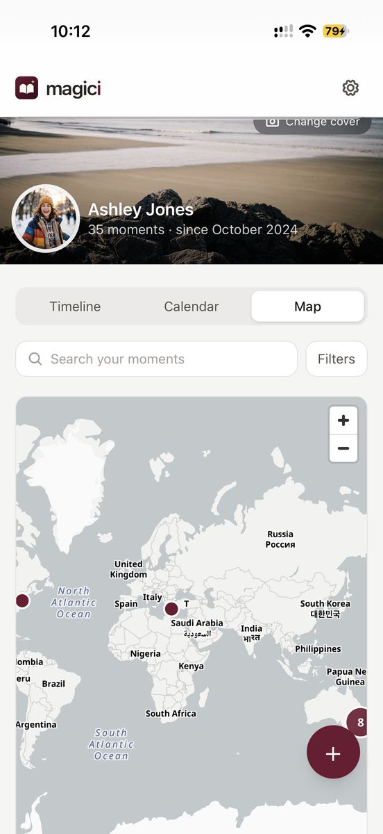 A world map with moments pinned where they happened